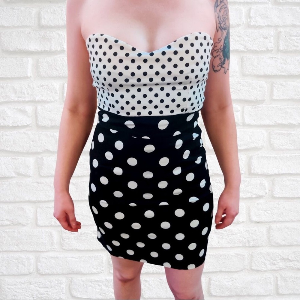 Vintage White & Black Polka Dot Mini Pencil Dress
